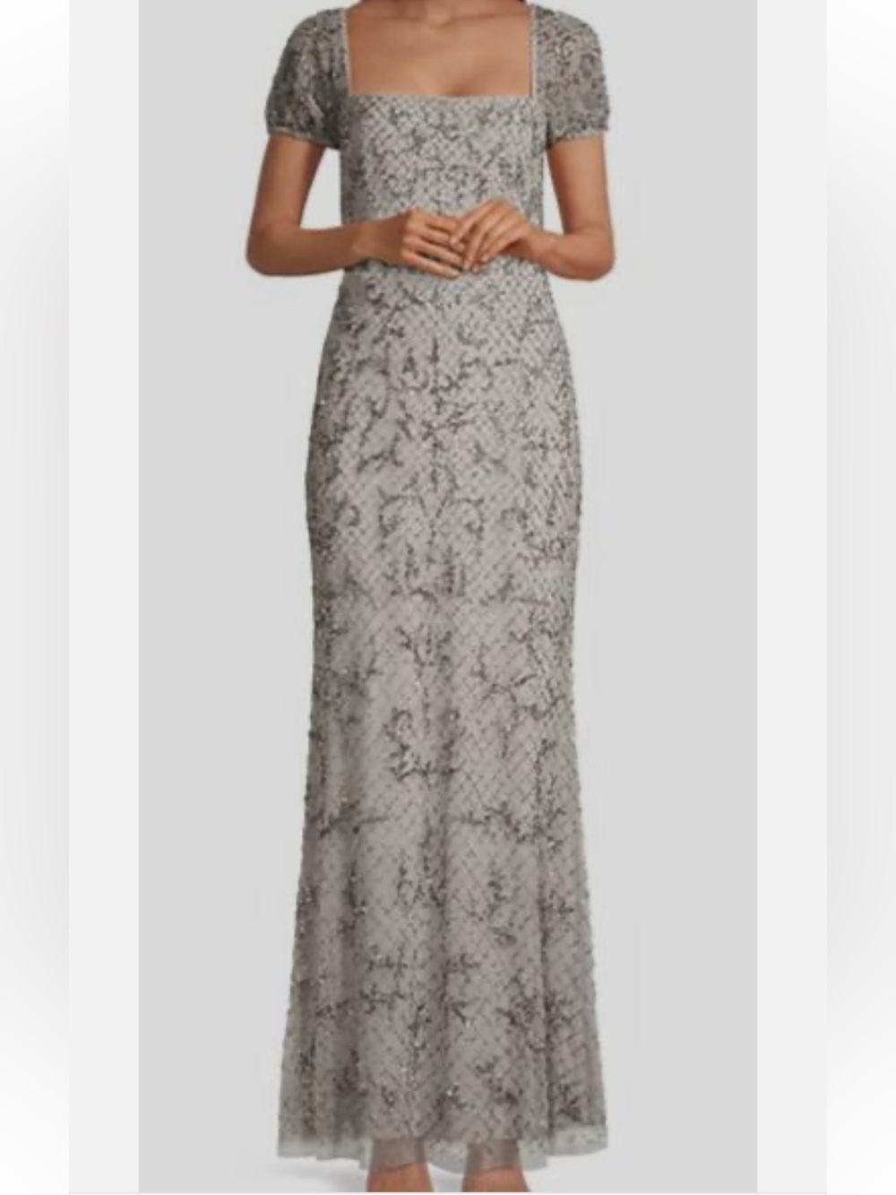 Aidan Mattox Silver Beaded Puff Sleeve Gown